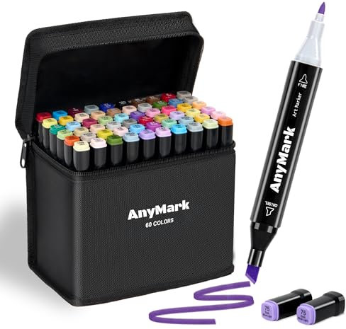 AnyMark Feutres a Alcool, Lot de 60 Marqueurs à Alcool à Double Pointe Biseautée et Fine, Idéal pour Dessin, Croquis, Illustration, Design, Corps Noir
