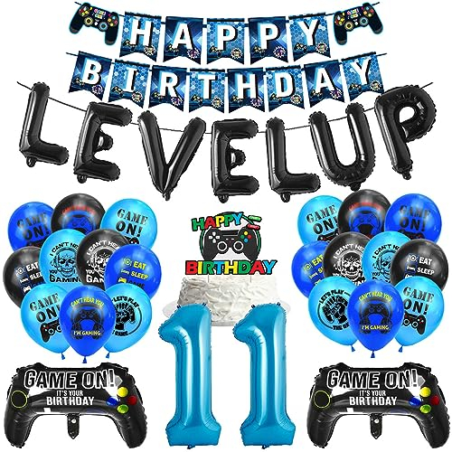 Gamer Geburtstags Deko 11. Geburtstag Ballon Set Videospiel Luftballons Zahl 11 Folienballon Happy Birthday Banner 11 Jahre Jungen Spiel Ballons Cake Topper für Kinder Game Thema Party Dekoration