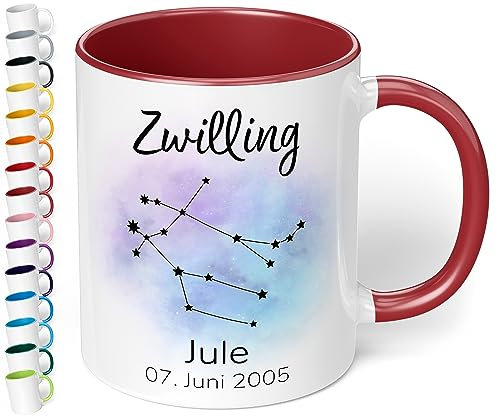Sternzeichen Tasse mit Namen, Datum und 12 Sternenbilder personalisiert – 330ml Keramik Kaffeebecher, kleine Geschenke für Kollegen Frauen Männer Büro Geburtstag Weihnachten (Bordeaux)