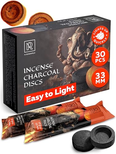 Charcoal Discs to Burn Incense - 30 pcs Charcoal for Incense Burning - 33 mm Most Quick Light Coals Tablets by M. ROSENFELD - 33 mm Resin Burner Rolls – Pack of 30 Instant Fire Coal Tablets