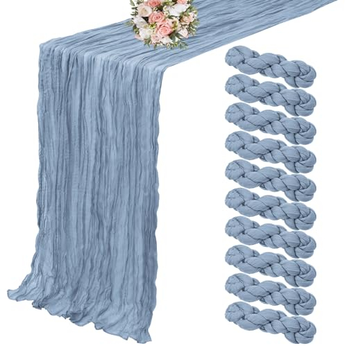 10er-Pack Käsetuch-Tischläufer, staubblauer Tischläufer, 90cm x 300cm, Tischläufer, rustikale Gaze-Tischläufer für Hochzeitstischdekoration, Hochzeitsbogen, Party-Dekoration