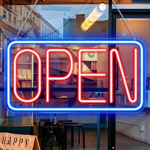 LED Neon Open Signs, 16.9''x 9.8'' Open Sign for Business, Eye-catching Neon Open Sign Electric Light Up Sign with USB Powered for Stores, Bars, Shop, Restaurant, Wall Decor（Blue&Red）