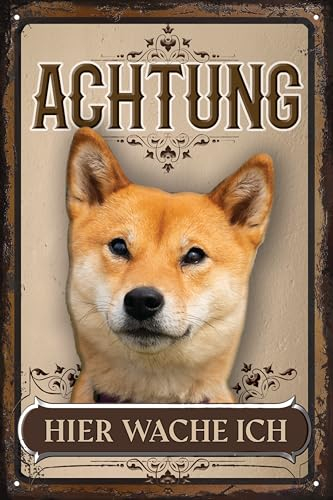 30 x 20 cm wetterfestes Blechschild, Warnhinweis, Torschild, Achtung, hier Wache ich! Warnung vor dem Hund (Shibainu)