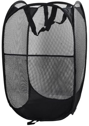 Dokeno Panier à Linge Pliable, Pop Up en Maille Filet Sac à Linge avec Manipuler Grand Panier à Linge Noir Panier à Linge Sale en Filet Pliable pour Dortoir de Voyage Familial et Voyage (Noir)