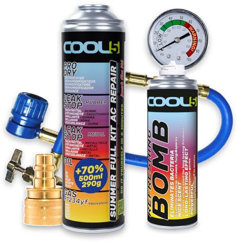 Cool5 Ersatzkältemittel r1234yf für Autoklimaanlagen – 1 Dose 5in1, 290g + Druckleitung mit Manometer + Adapter + Lufterfrischer für Auto, 136g