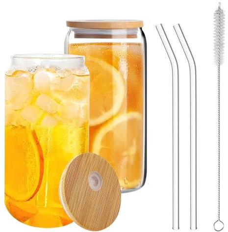 Prismoria Glasbecher-Set in Dosenform, 395 ml, mit Bambusdeckel, Strohhalmen und Bürste, Trinkgläser, Eiskaffeetasse, klares Glas, für Bier, Cocktail, Milch, Eiswasser, Saft, Kaffee, 2 Stück, 395 ml