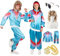 90er 80er Jahre Outfit Herren mit Vokuhila Perücke- 5PCS Retro Gymnastikanzug Disco Männer Frauen- 80er Accessoires Damen- 90er Jogginganzug Ski Bad Taste Partner Jacke Hose Karneval Mottoparty