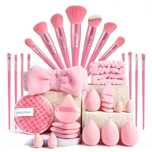 Make-up-Pinsel-Set 33-teilig, Make-up-Werkzeug-Set, Premium-synthetische Grundierungspinsel, Puder, Concealer, Lidschatten, Rouge, Make-up-Pinsel (Rosa, 33-teiliges Set)