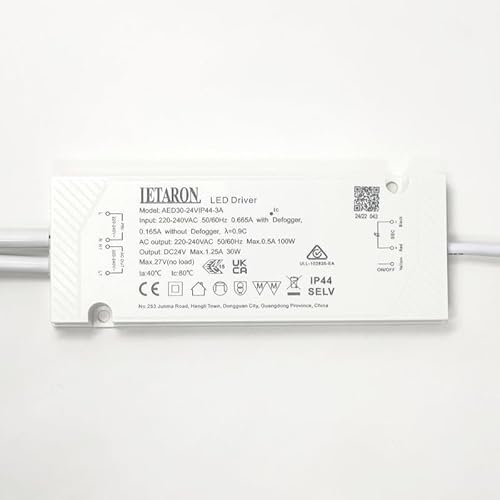 LETARON LED Driver Treiber AED30-24VIP44-3A Power Supply Trafo Transformator SELV 27V 50/60Hz 30W 1.25A mit Kabel weiß