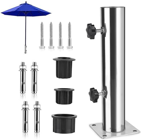 Zevmi Soporte universal para sombrilla ajustable: soporte para sombrilla con 8 clavos de acero para placa de granito, placa de hierro, placa de cemento, tubo vertical universal de acero inoxidable