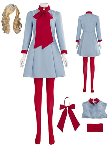 Cnulaueu Damen Die With Smile Cosplay Kostüm Gaga Blau Kleid Uniform Anzug Halloween Outfit Kleid Strümpfe Set (Blau mit Perücke, XL)