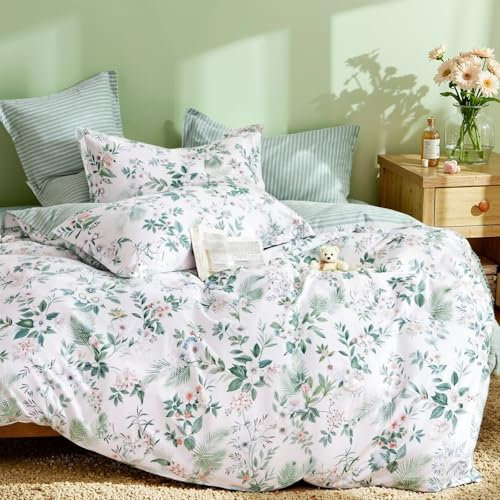 Freyamy Housse de Couette en Coton 220x240+2 Taie d'oreiller 65x65cm Blanc Vert Rose Feuilles Floral Parure de lit 2 Personnes Adulte Fleurs Sets de Housse Couette Fleurie avec Fermeture Éclair