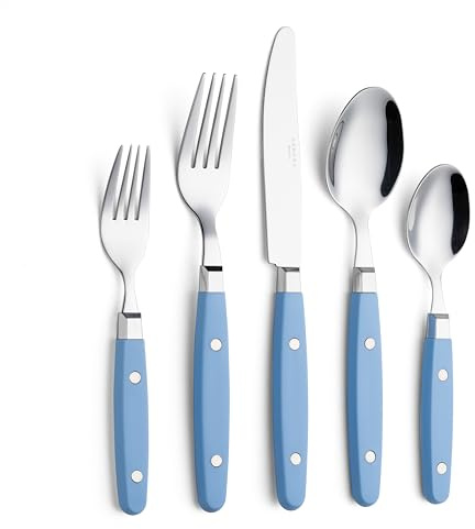 Annova, set di posate in acciaio inox con manico colorato con rivetto/posate stile retrò (Azzurro25, 20 Pieces)