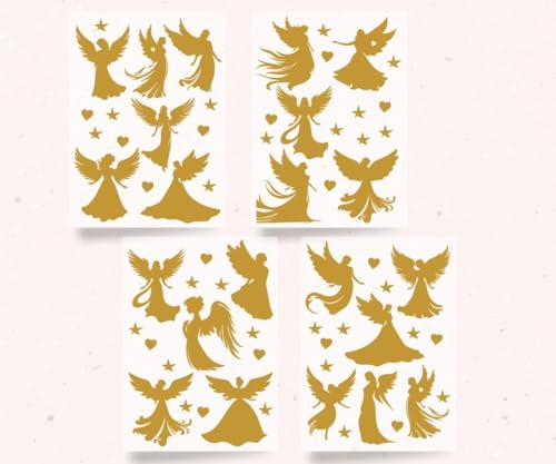 64 Weihnachts Engel, Herz und Sterne Sticker in Gold – Auf 4 Bögen - Vinyl Aufkleber wetterfest | Himmlische Silhouetten mit Sternen & Herzen | Deko für Karten, Geschenke, Advent & Weihnachten