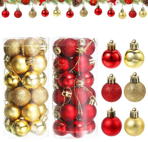SPJUMHONG73 Weihnachtskugeln 24 Stück 30mm Weihnachtsbaumschmuck Weihnachtsdeko Weihnachtskugeln Weihnachtsbaum Deko Klein Kugeln matt, glänzend, glitzernd, Christbaumkugel （Rot/Golden）