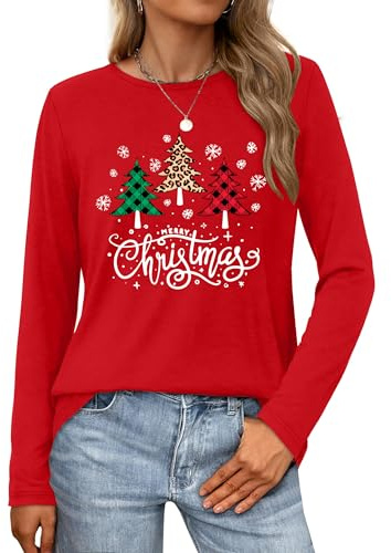 VVNTY Christmas Long Sleeve Shirt for Women Merry Christmas Shirts Casual Xmas Graphic Blouse (Red3,M)