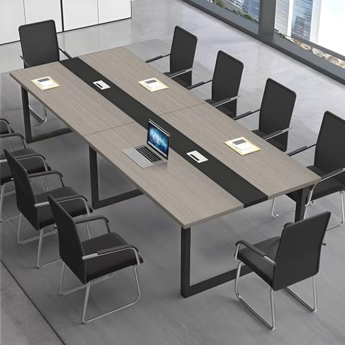 CCUKTFN Großer Konferenztisch, Moderner Besprechungstisch mit Kabelkanal und Schwarzem Metallrahmen für 8–12 Personen, Rechteckiger Seminar-Tisch für Büro, Konferenzraum