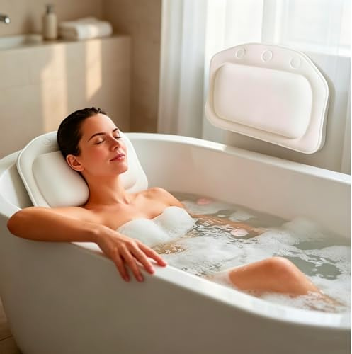 1 White Bath Pillow, Suction Bathroom Accessories, Comfortable Pillows Cushion for Bathtub, Relaxing Baths Head Rest, Waterproof Bathrooms Supplies