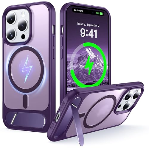 NJROW Magnetic Stand for iPhone 14 Pro Case Compatible with MagSafe [Stand & Wireless Charging 2in1] [Flush Hidden Kickstand] [Military Shockproof] Slim Translucent Matte Silicone, Purple