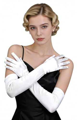 Matwsec 1 Paar Weiße Lange Handschuhe, Seidenhandschuhe Für Damen, Elegante Abendhandschuhe Lange Handschuhe Für Klassische Party Halloween, Karneval, Ball Oper Abschlussfeiern Hochzeiten