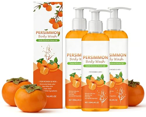 Gel de ducha natural de caqui, jabón de caqui para el olor de las personas, desodorización eficiente, fragancia duradera, piel suave y espuma rica, 120 ml, para todos los tipos de piel (3 unidades)