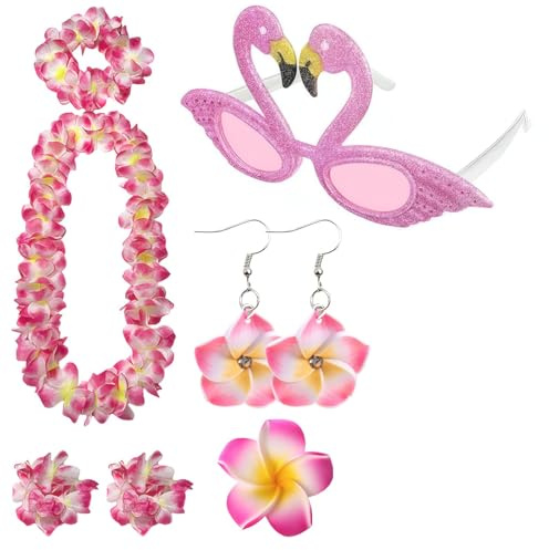 6 Pièces Collier Hawaien Fleurs, Accessoires Déguisement Hawaïen Collier Fleurs Rose Hawaïenne avec Bandeau Bracelet Lunettes Boucles d’Oreilles Pince Cheveux Fête Plage Anniversaire Carnaval Mariage