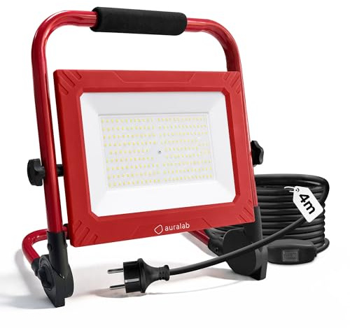 auralab LED Baustrahler 200W mit Schalter, 20000LM Tragbare Arbeitsleuchte mit 4m Kabel, IP65 Wasserdichter Fluter mit Standfuß, 6500K Baustellenlampe für Garage, Werkstatt, Camping