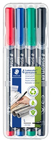 STAEDTLER permanent Marker Lumocolor, Superfein, ca. 0,4 mm, wisch- und wasserfest, Made in Germany, nachfüllbar, lange Lebensdauer, 4 Universalstifte in sortierten Farben, 313 WP4