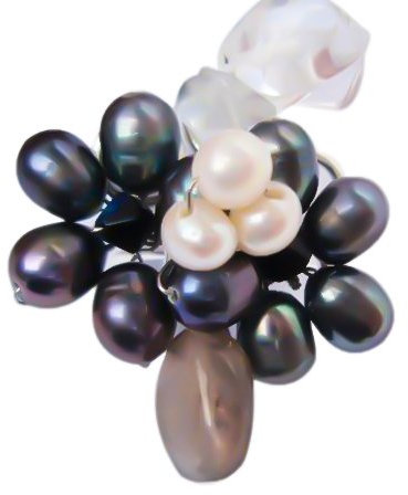 CHICNET Perlenring- versilberter Ring mit schwarz-weißer Blume (ca. 3-5cm Ø) aus schwarzen-weißen Perlen und Steinen- handgefertigt- verstellbar
