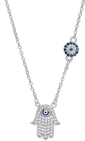 Remi Bijou Halskette Fatimas Hand Hamsa mit Nazar Boncuk Türksches Auge - Silber Farbe