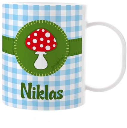 Striefchen® niedliche Kindertasse aus Kunststoff mit Aufdruck des Namens - für Jungen und Mädchen Glückspilz Blau