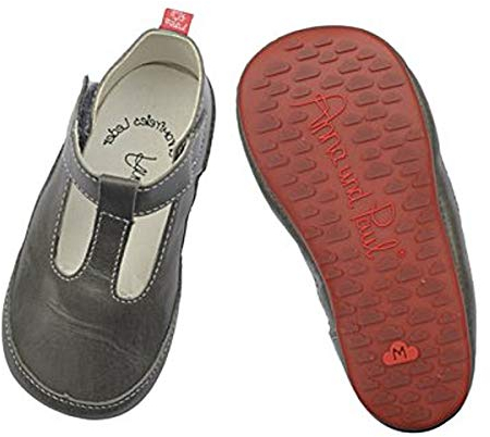 Anna und Paul - Krabbelschuhe aus Leder - T-Spange Grau mit Gummisohle (S - 18-19 - ca. 12 cm - 6-11 Monate)