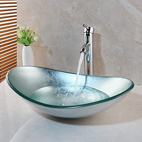 Yanksmark Tempered Glass Wash Bowl Vessel Sink & Chrome Bathroom Faucet Finish Combo Set