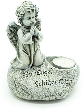 Bambelaa! Grab-Deko Grabschmuck Inschrift EIN Engel Schütze Dich Kerzenhalter Wetterfest Steinharz Ca. 13 x 10 x 15,5 cm