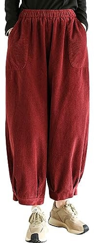 Youlee Damen Winter Elastische Taille Cordhose Hose mit weitem Bein Style 2 Burgundy