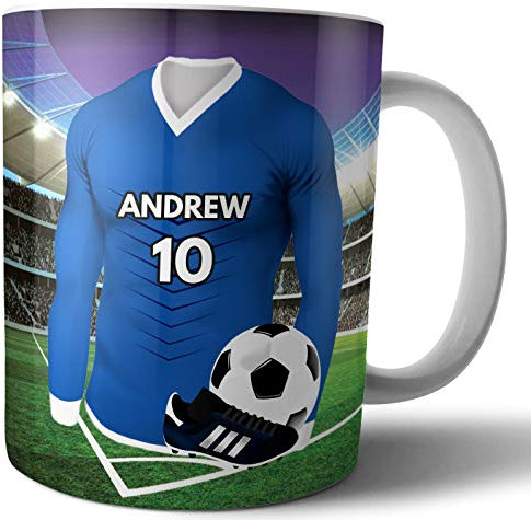 AK Giftshop Personalised Gift - Football Shirt - Mug -Tea Coffee Cup - Birthday - Christmas - Stocking Filler - Secret Santa - Any Team Colours (Chelsea)