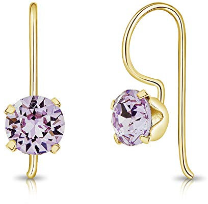 DTPsilver® Pendientes Mujer Plata de Ley 925 Chapados en Oro Amarillo con Cristales Swarovski® 6 mm - Pendientes Colgantes Dorados - Pendientes Violeta