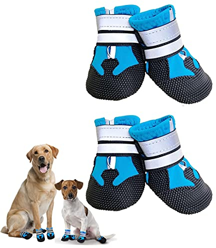 Dricar Hundeschuhe Pfotenschutz, 4 Stück Atmungsaktive Hunde Schuhe Outdoor, Anti-Rutsch Hundestiefel mit Rutschfester Sohle für Kleine, Mittlere und Große Hunde, Blau, XXL