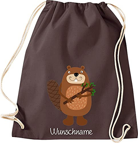 Shirtinstyle Kinder Turnbeutel, lustige Tiere Biber mit Wunschnamen, Kinder, Tiere Zoo Kindertag Beutel, Farbe braun