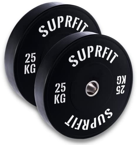 SUPRFIT Gummierte Fitness Bumper Plates 50mm Gewichtsscheiben aus Vollgummigranulat - Gewicht: 2x25kg, Stoßabsorbierende Hantelscheiben 50mm fürs Hanteltraining, Gewichtscheiben - Farbe: Schwarz/Weiß