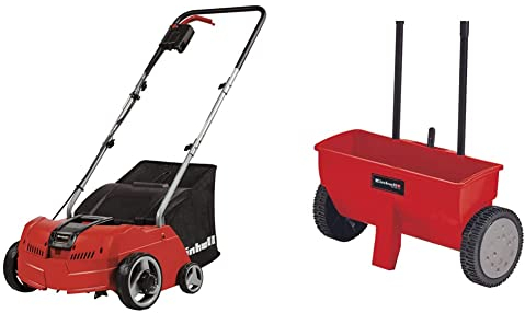 Einhell GC-SA 1231/1 Scarificatore arieggiatore elettrico (230 V, 50 Hz, 1200 W, largh. 31 cm, sacco raccolta 28 lt, 3 regolazioni profondità di lavoro) & GC-SR 12 Carrello Spargitore, Standard
