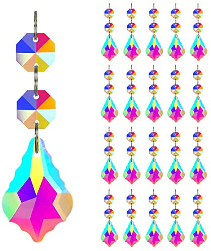 GOLDENHAITAI 20 Stück Kronleuchter Kristalle Ahornblatt Prisma Anhänger Teile verbundenes Glas achteckige Perlen Kette für Kronleuchter Dekoration 38 mm (klar AB)
