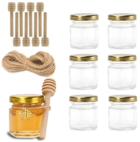 Rormket Mini-Glasgläser, sechseckige Gläser, goldfarbene Deckel, Bienenanhänger, Honiglöffel, Jute-Etikett, Hochzeit, Babyparty, Dankeschön, Geschenke, Basteln, Einmachgläser, 6 Stück