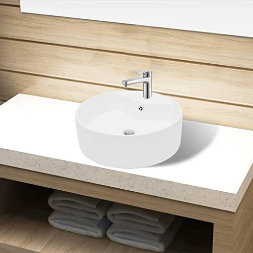 Atlojoys Keramik Waschbecken Hahnloch/Überlaufloch, Waschschale, Waschtisch, Ablaufgarnitur, Waschplatz, weiß rund