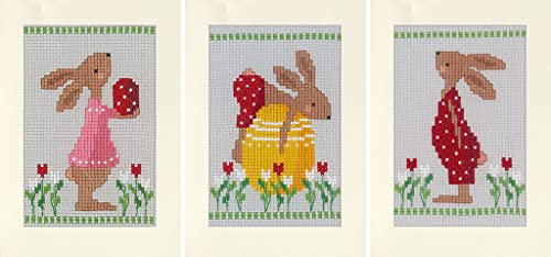 Vervaco Lesezeichen Kreuzstich Stickpackungen Gezählter Kreuzstich Osterhasen 3er DIY Ostern Postkarten Set Erwachsene Sticken Bastelset ca. 10,5 x 15 cm Stickset für Anfänger Kreatives Geschenk