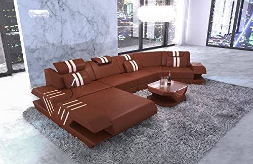 Sofa Dreams Couch Wohnlandschaft Venedig C Form Ledersofa - mit LED Beleuchtung, verstellbare Kopfstützen, Recamiere/Lederfarben wählbar/Ausrichtung wählbar (Ottomane Links, Braun-Weiß)