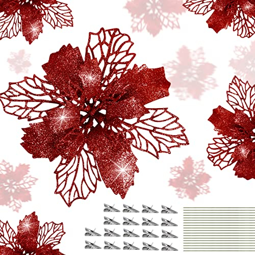 Ponsey 18 Stück Weihnachtsbaum Deko Künstliche Glitzer Weihnachtsblumen mit Clip und Stiel Weihnachtsbaum Blumen Dekoration für Anhänger und Kranz (Rot, 15cm, 11cm, 9cm)