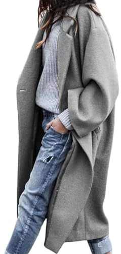 CHARTOU Women's Oversized Notched Collar Wool Blend Single Breast Midi Long Trench Coat, Grey, XXL