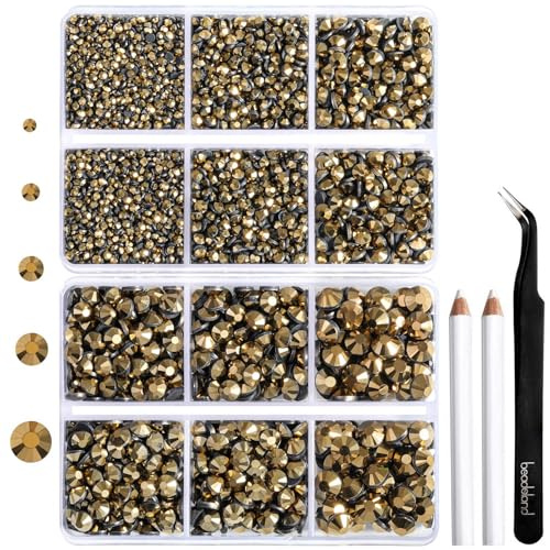 Strass Thermocollant pour Vetement,Strass Hotfix dorés pour Artisanat et Vêtements,5 Tailles Mélangées,Cristaux Thermo-Collants avec Kit Pince et Crayon de Cire,SS6-SS30,Aurum