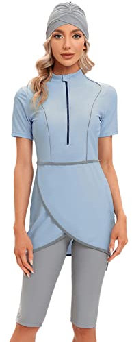 Odizli Burkini Damen Muslim Frauen Muslimische Bademode Modest Tankini Islamisch Arabisch Jilbab Kurzärm Schwimmoberteile+Schwimmhose+Hijab Khimar 3tlg Ganzkörper Neoprenanzug Schwimmanzug Hellblau L